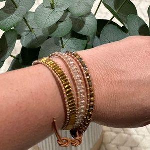 Victoria Emerson wrap bracelet gold brown neutral beads on brown leather